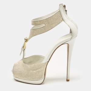 Giuseppe Zanotti White Leather Gold Strass Buckle Sandals Size 37