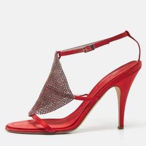 Giuseppe Zanotti Red Satin Crystal Embellished Ankle Strap Sandals Size 38.5
