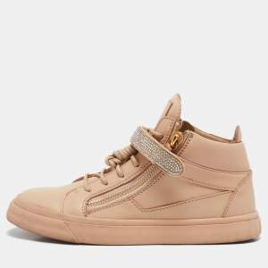 Giuseppe Zanotti Beige Leather Crystal Embellished Coby High Top Sneakers Size 40