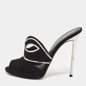 Giuseppe Zanotti Black/Silver Suede and Leather Peep Toe Mules Size 39