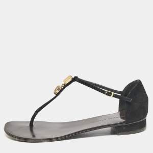 Giuseppe Zanotti Black Leather and Suede Crystal  Embellished Flat Sandals Size 37