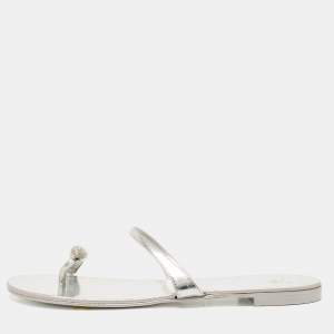 Giuseppe Zanotti Silver Leather Crystal Embellished Toe Ring Flat Sandals Size 38