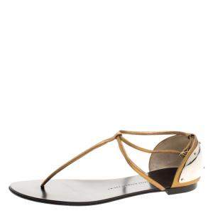 Pre Owned Giuseppe Zanotti Bronze Metallic Leather T-Strap Flat Sandals Size 40