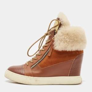 Giuseppe Zanotti Multicolor Fur and Leather Wedge Sneakers Size 38