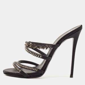 Giuseppe Zanotti Black Satin Embellished Slide Sandals Size 39