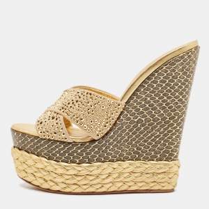 Pre Owned Giuseppe Zanotti Gold Suede Crystal Embellished Platform Wedge Sandals Size 40