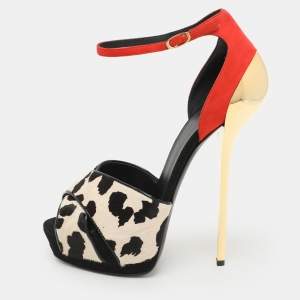 Pre Owned Giuseppe Zanotti Orange Suede And Leopard Print Calf Hair Ankle Strap Sandals Size 41
