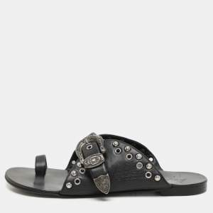 Giuseppe Zanotti Black Leather Embellished Toe Ring Flats Size 37