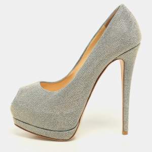 Giuseppe Zanotti Blue/Gold Studded Denim Peep Toe Platform Pumps Size 38