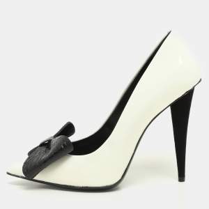 Giuseppe Zanotti White/Black Patent Leather and Croc Embossed Leather Bow Pumps Size 38