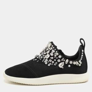 Giuseppe Zanotti Black Crystal Embellished Suede And Mesh May London Slip On Sneakers Size 36