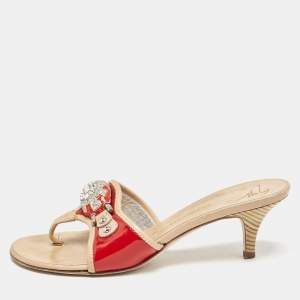 Giuseppe Zanotti Red/Red Leather And Patent Crystal Embellished Slide Sandals Size 38 
