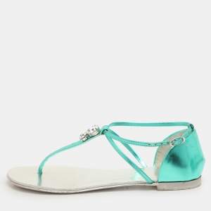 Giuseppe Zanotti Green Leather Embellished Flat Sandals Size 36