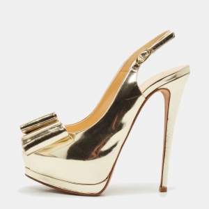 Giuseppe Zanotti Metallic Gold Leather Bow Platform Slingback Pumps Size 37.5
