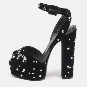 Giuseppe Zanotti Black Velvet Crystal Embellished Ankle Strap Platform Sandals Size 36