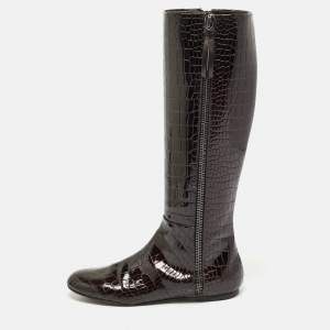 Giuseppe Zanotti Brown Croc Embossed Patent Leather Ringotto Knee Length Boots Size 38.5