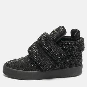 Giuseppe Zanotti Black Suede Crystal Embellished Puff Strap High Top Sneakers Size 42.5