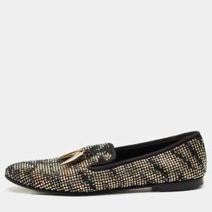 Giuseppe Zanotti Black Suede Crystal Embellished Shark Tooth Smoking Slippers Size 38.5
