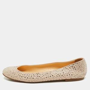 Giuseppe Zanotti Beige Leather Crystal Embellished Ballet Flats Size 40