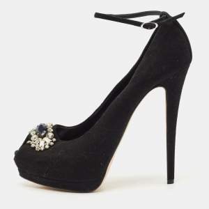 Giuseppe Zanotti Black Suede Crystal Embellished Ankle Strap Peep Toe Platform Pumps Size 39.5