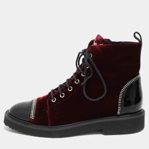 Giuseppe Zanotti Burgundy/Black Velvet and Patent Leather Ankle Boots Size 39.5   