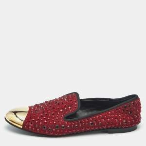 Giuseppe Zanotti Burgundy Suede Cap Toe Crystals Embellished Smoking Slippers Size 41