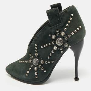 Pre Owned Giuseppe Zanotti Green Suede Studded Ankle Length Boots Size 35.5 