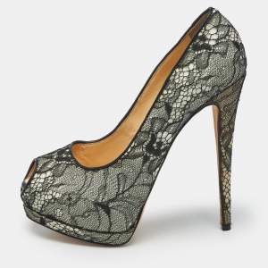 Giuseppe Zanotti Black/White Floral Lace Peep Toe Platform Pumps Size 41
