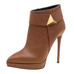 Pre Owned Giuseppe Zanotti Brown Leather Pyramid Stud Platform Ankle Boots Size 38.5