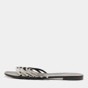 Giuseppe Zanotti Black/Silver Crystal Embellished Leather Flat Slides Size 40