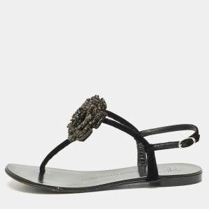 Pre Owned Giuseppe Zanotti Black Velvet Crystal Embellished Flower Flat Thong Sandals Size 36