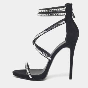 Giuseppe Zanotti Black Suede Crystal Embellished Ankle Strap Sandals Size 38