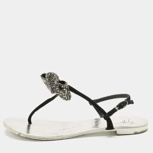 Pre Owned Giuseppe Zanotti Black Suede Crystal Bow Thong Flat Sandals Size 36