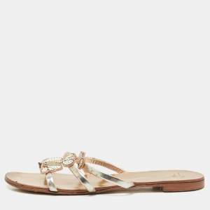 Pre Owned Giuseppe Zanotti Silver Leather  Crystal Embellished Flat Slides Size 37