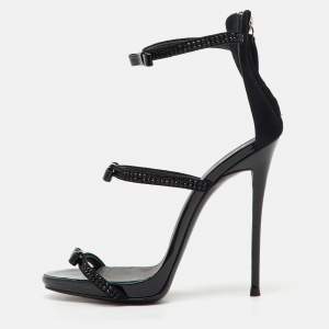 Pre Owned Giuseppe Zanotti Black Suede and Patent Leather Bow Harmony Ankle Strap Sandals Size 36