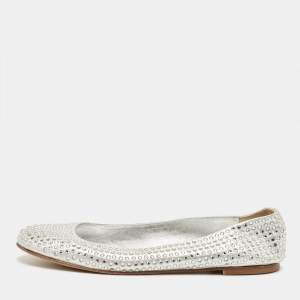 Pre Owned Giuseppe Zanotti Silver Crystals and Leather Ballet Flats Size 39