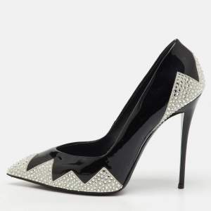 Pre Owned Giuseppe Zanotti Black Patent Leather and Suede Crystal Embellished Pointed Toe Pumps Size 38