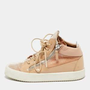 Pre Owned Giuseppe Zanotti Pink/Beige Leather and Patent Leather Mid Top Sneakers Size 37.5