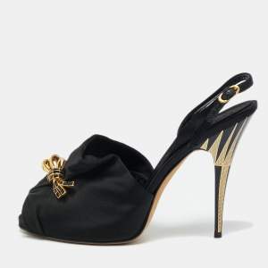 Pre Owned Giuseppe Zanotti Black Satin Bow Crystal Embellish Slingback Sandals Size 37.5