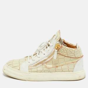 Pre Owned Giuseppe Zanotti Beige/White Croc Embossed and Leather Kriss High Top Sneakers Size 37
