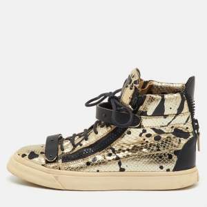 Pre Owned Giuseppe Zanotti Gold/Black Python Embossed Leather Coby High Top Sneakers Size 39