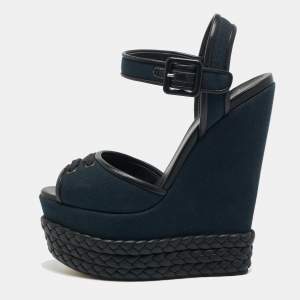 Pre Owned Giuseppe Zanotti Navy Blue/Black Canvas and Leather Ankle Strap Wedge Sandals Size 36