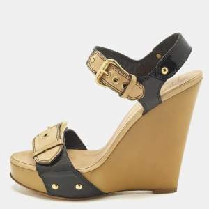مملوكة مسبقًا Giuseppe Zanotti Size 38 Black Leather and Patent Leather Ankle Strap Wedge Sandals