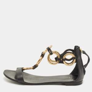 مملوكة مسبقًا Giuseppe Zanotti Size 36 Black Leather and Metal T Strap Flat Sandals