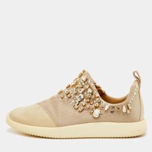 مملوكة مسبقًا Giuseppe Zanotti May London Size 38 Beige Mesh and Suede Crystal Embellished Sneakers