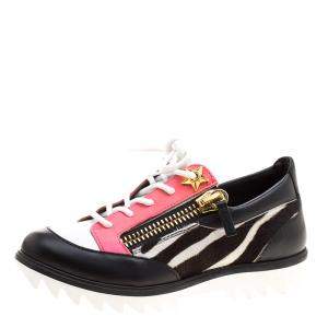 Pre Owned Giuseppe Zanotti Multicolor Zebra Print Pony Hair and Leather Lace Up Sneakers Size 37