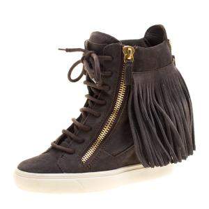 Pre Owned Giuseppe Zanotti Grey Suede Lorenz Fringe Wedge Sneakers Size 37
