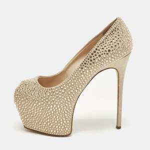 Pre Owned Giuseppe Zanotti Size 38.5 Beige Suede Crystal Embellished Liza Peep Toe Pumps