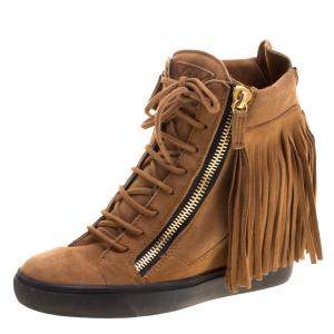 Pre Owned Giuseppe Zanotti Brown Suede Lorenze Fringe Wedge Sneakers Size 40