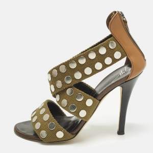 Pre Owned Giuseppe Zanotti Size 36 Olive Green/Brown Canvas and Leather Studded Strappy Sandals